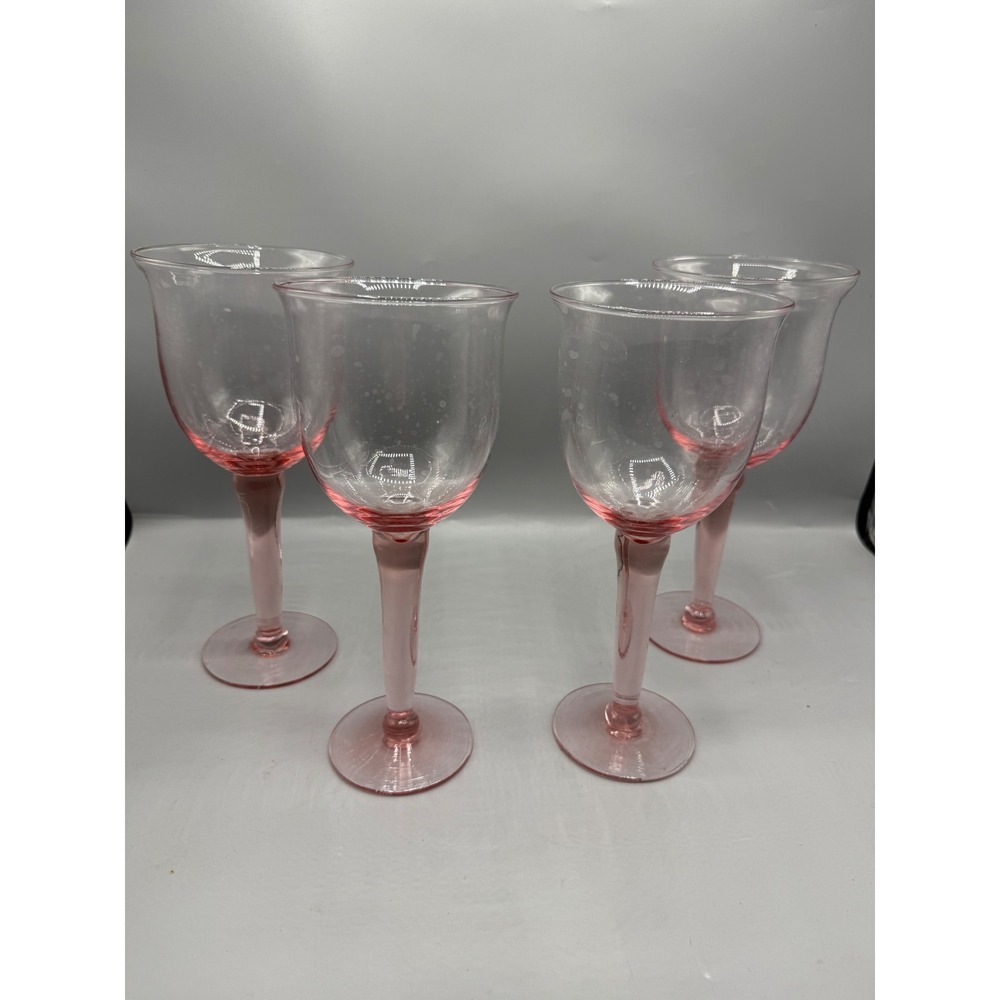 Set of 4 Pink Glasses water Goblets Vtg MCM Tulip Shape Hand‎ Blown Stemware